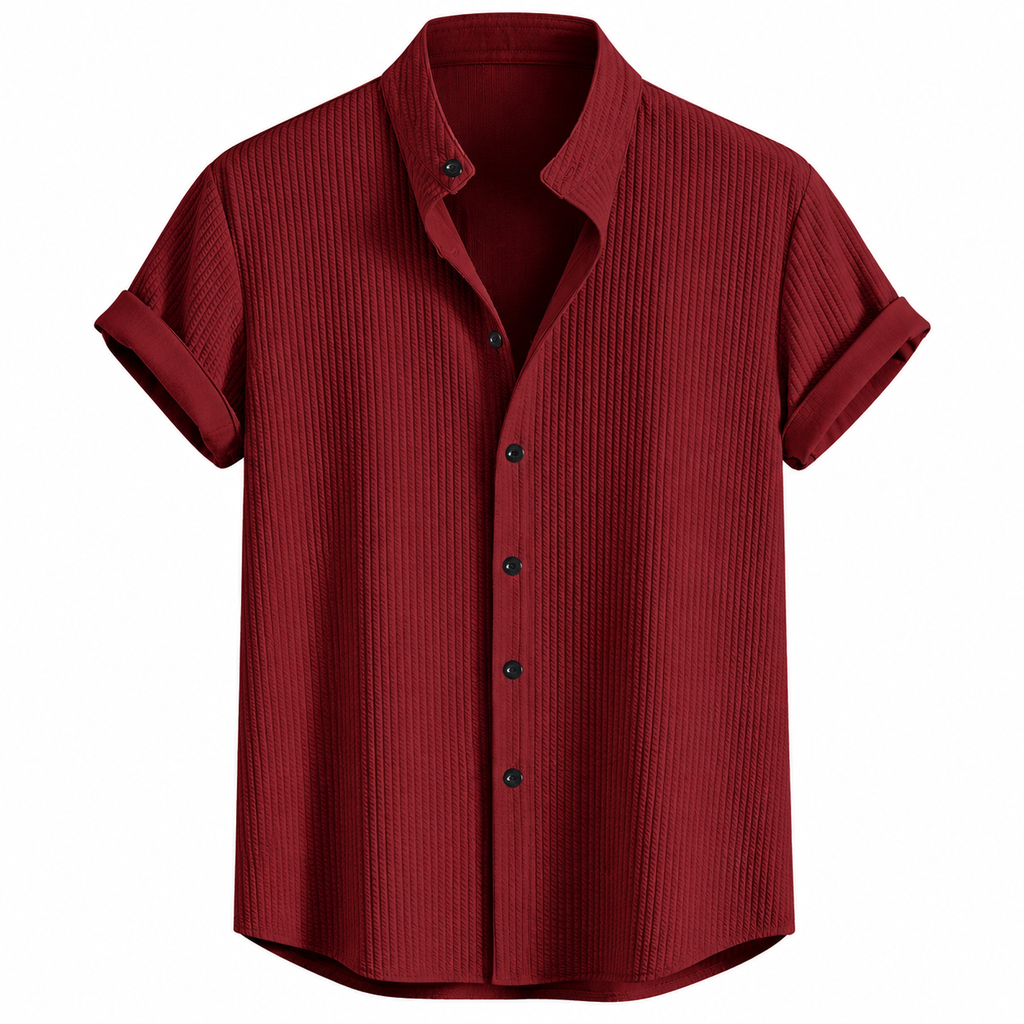 Men's Burgundy Textured Band Collar Short Sleeve Shirt