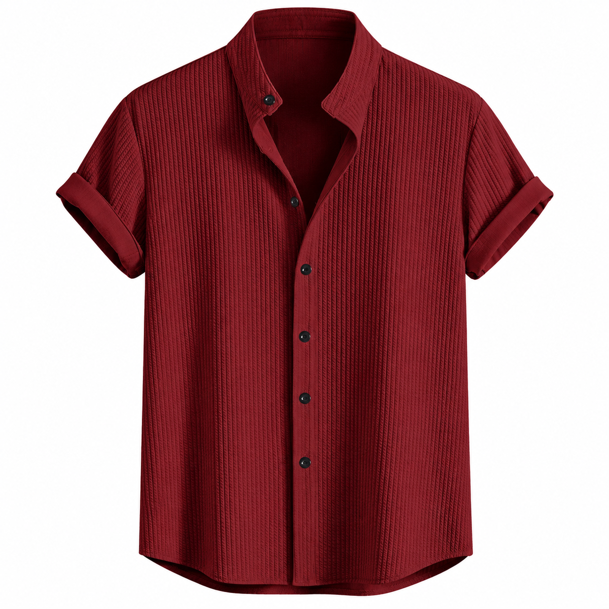 Men's Burgundy Textured Band Collar Short Sleeve Shirt