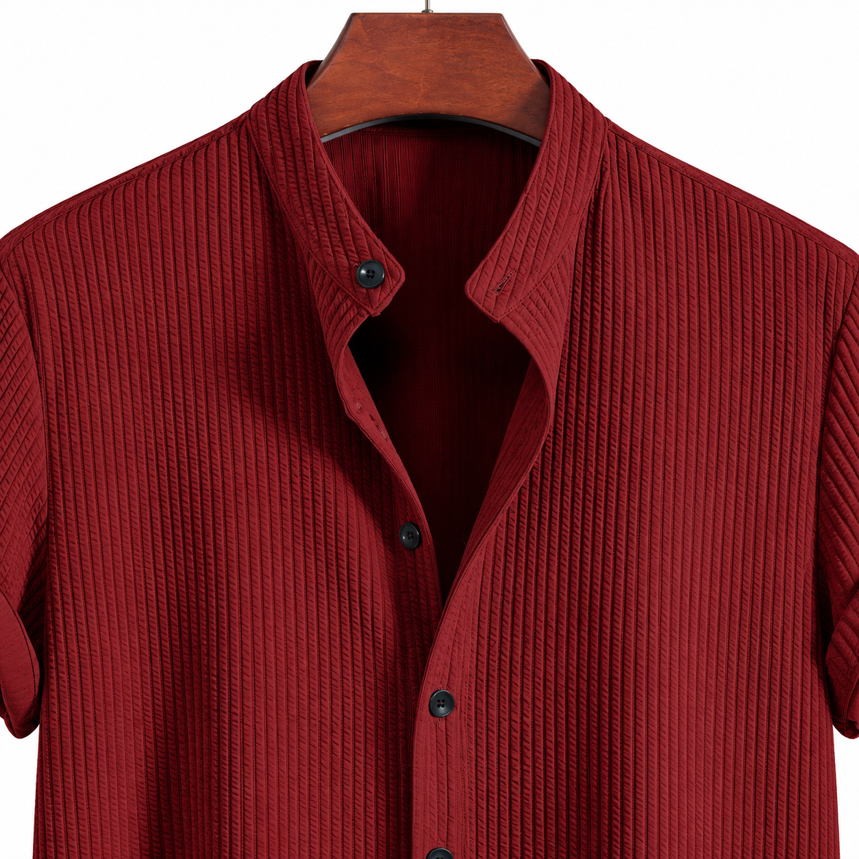 Men's Burgundy Textured Band Collar Short Sleeve Shirt