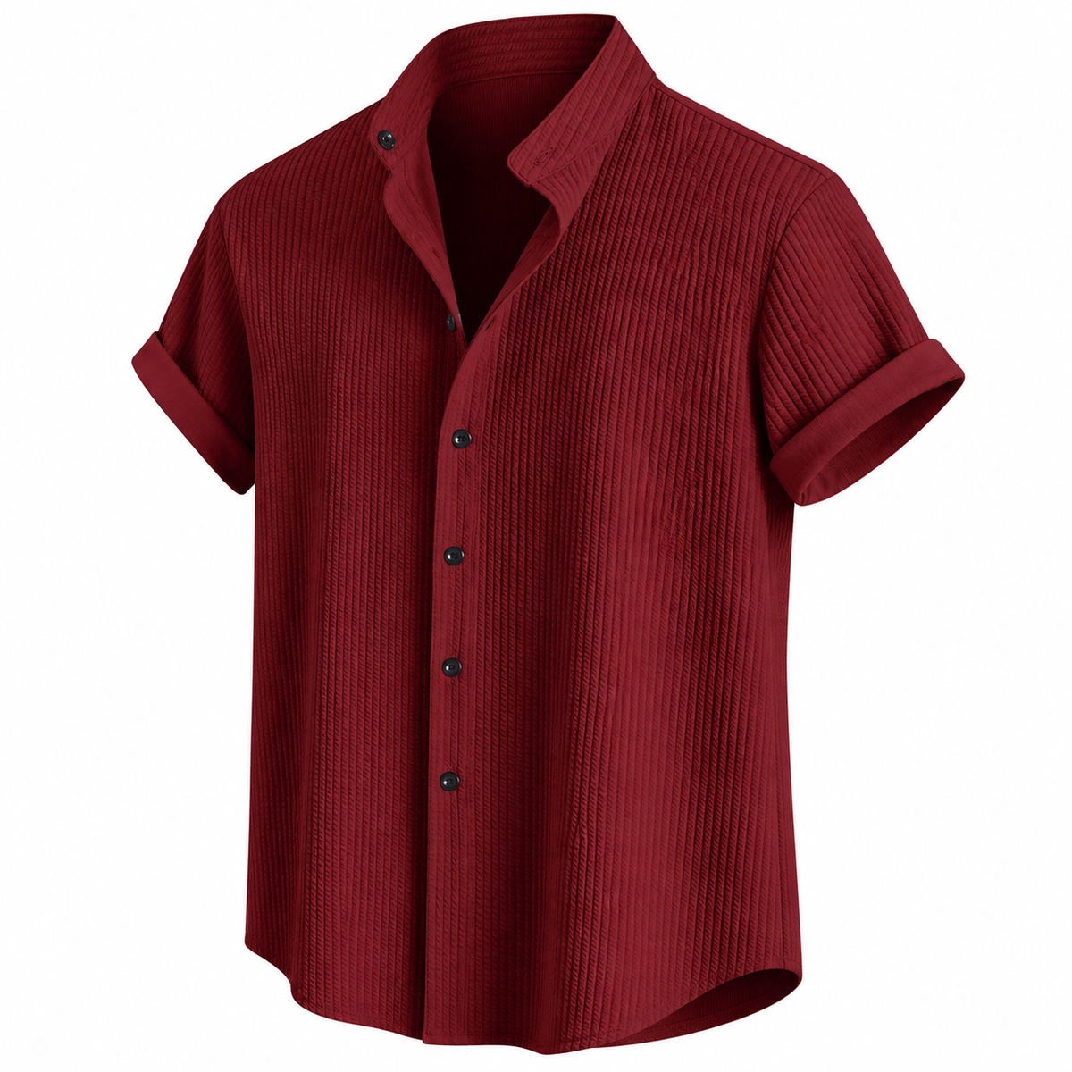 Men's Burgundy Textured Band Collar Short Sleeve Shirt