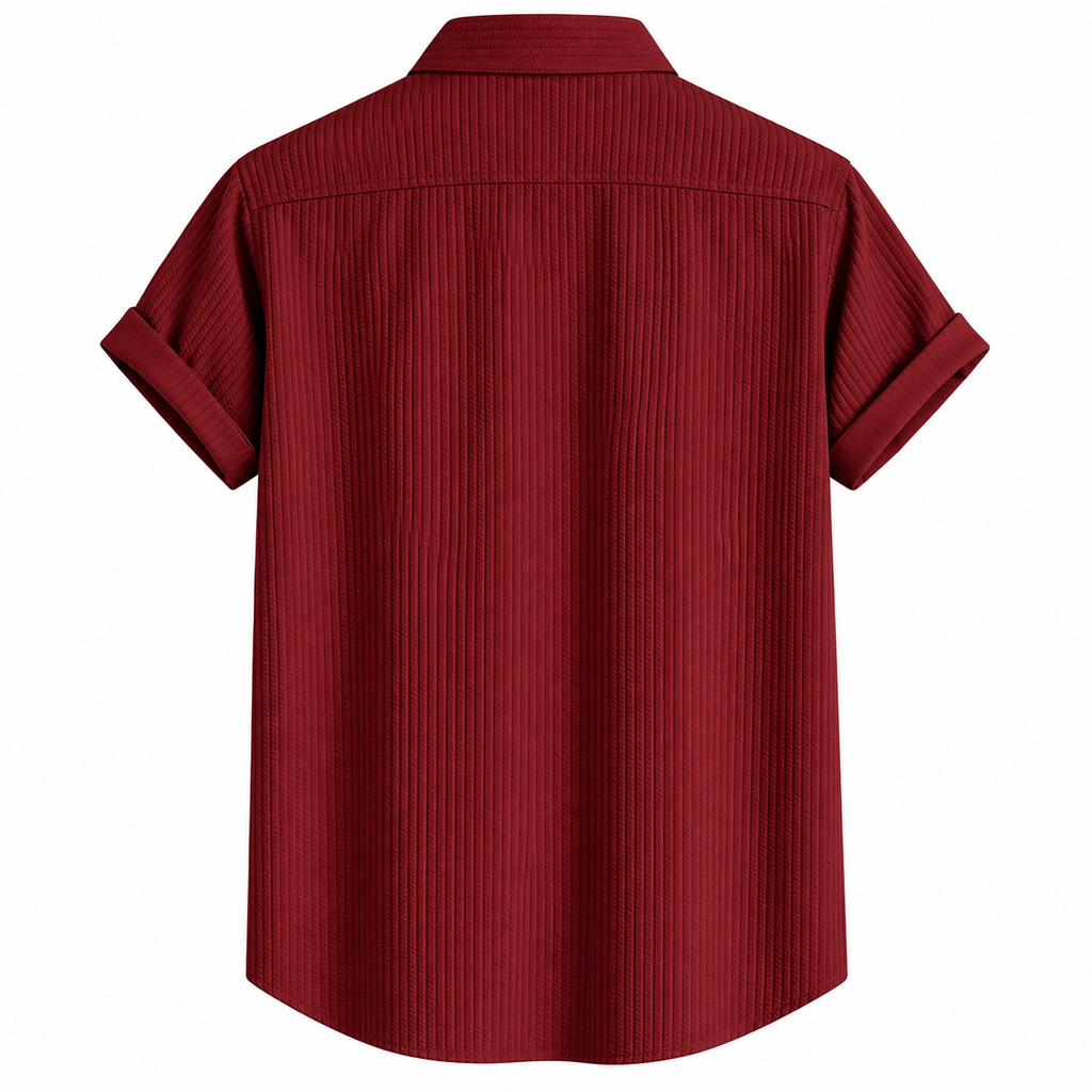 Men's Burgundy Textured Band Collar Short Sleeve Shirt