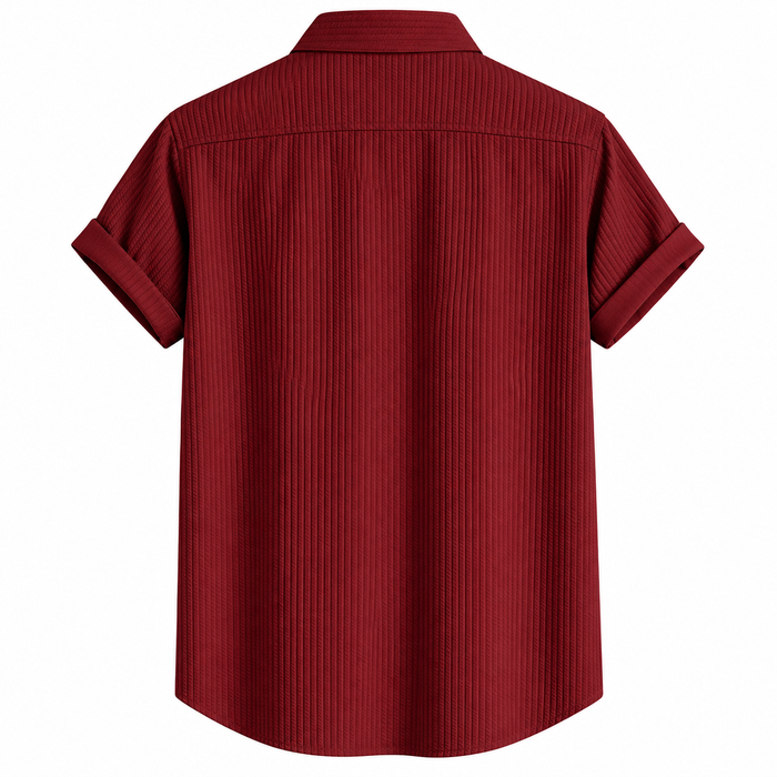 Men's Burgundy Textured Band Collar Short Sleeve Shirt