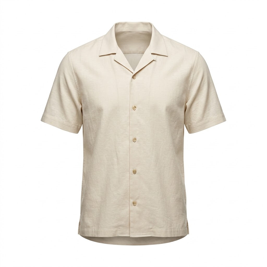 Men's Light Beige Camp Collar Short Sleeve Shirt