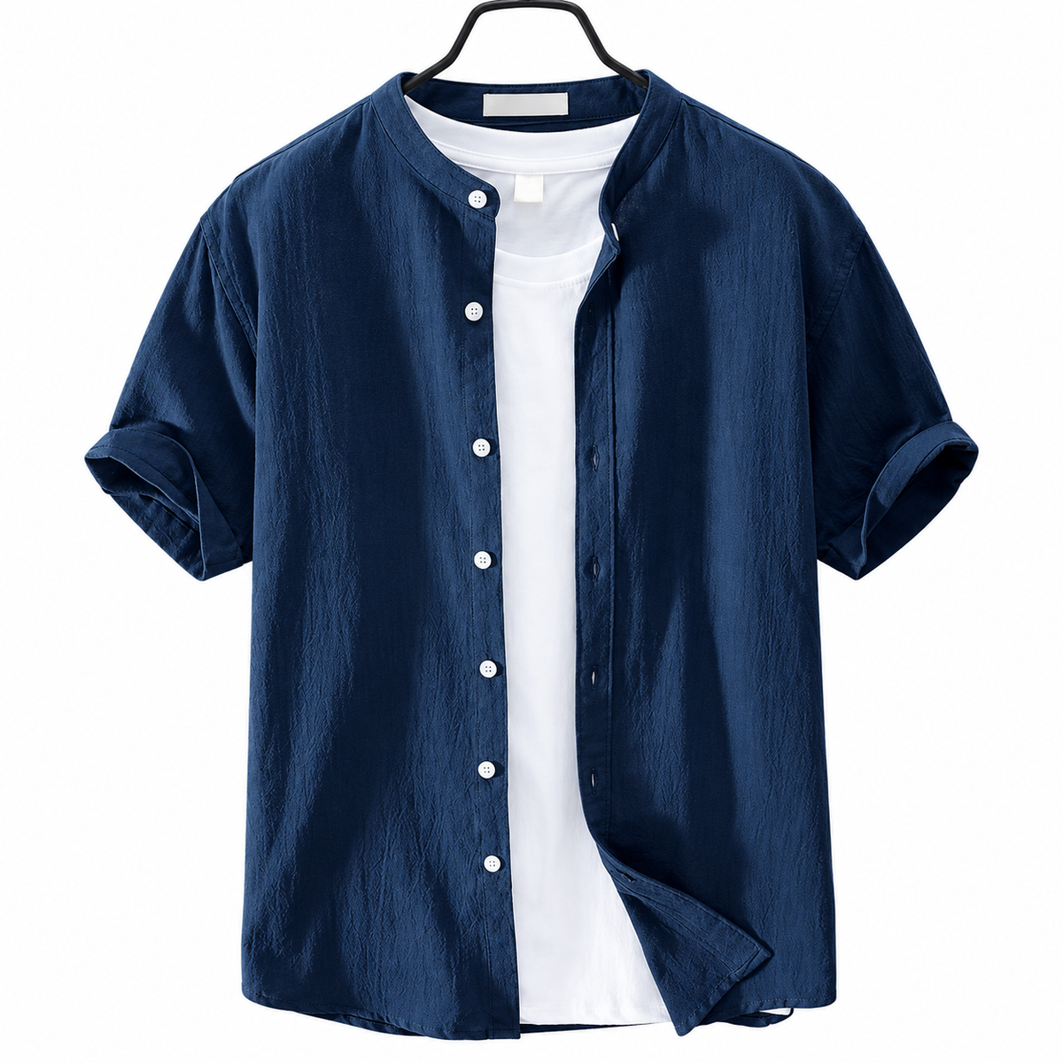 Men's Navy Textured Band Collar Button Front Shirt
