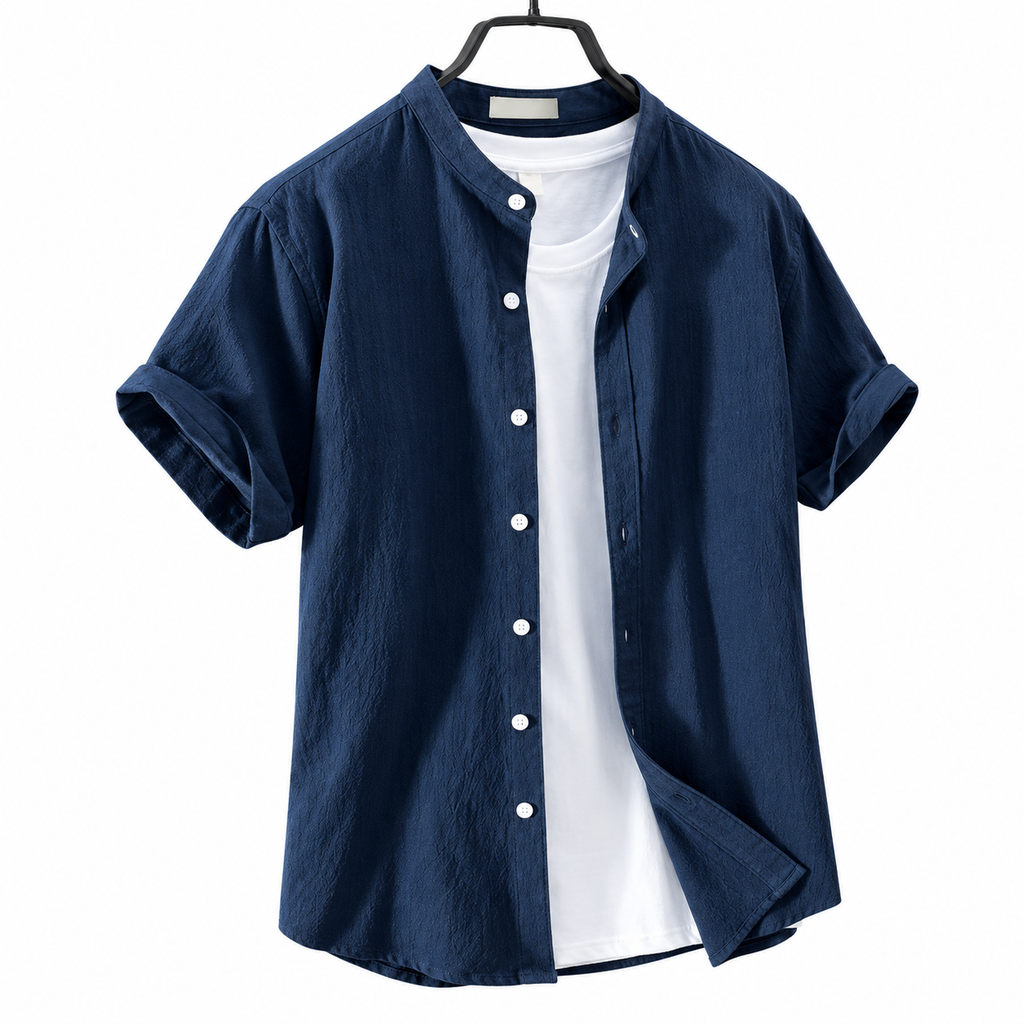 Men's Navy Textured Band Collar Button Front Shirt