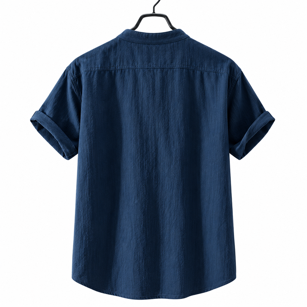 Men's Navy Textured Band Collar Button Front Shirt