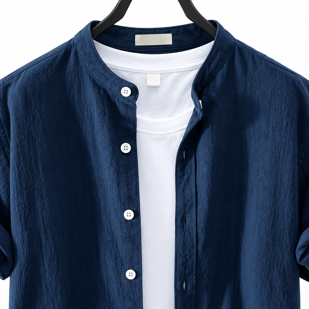 Men's Navy Textured Band Collar Button Front Shirt
