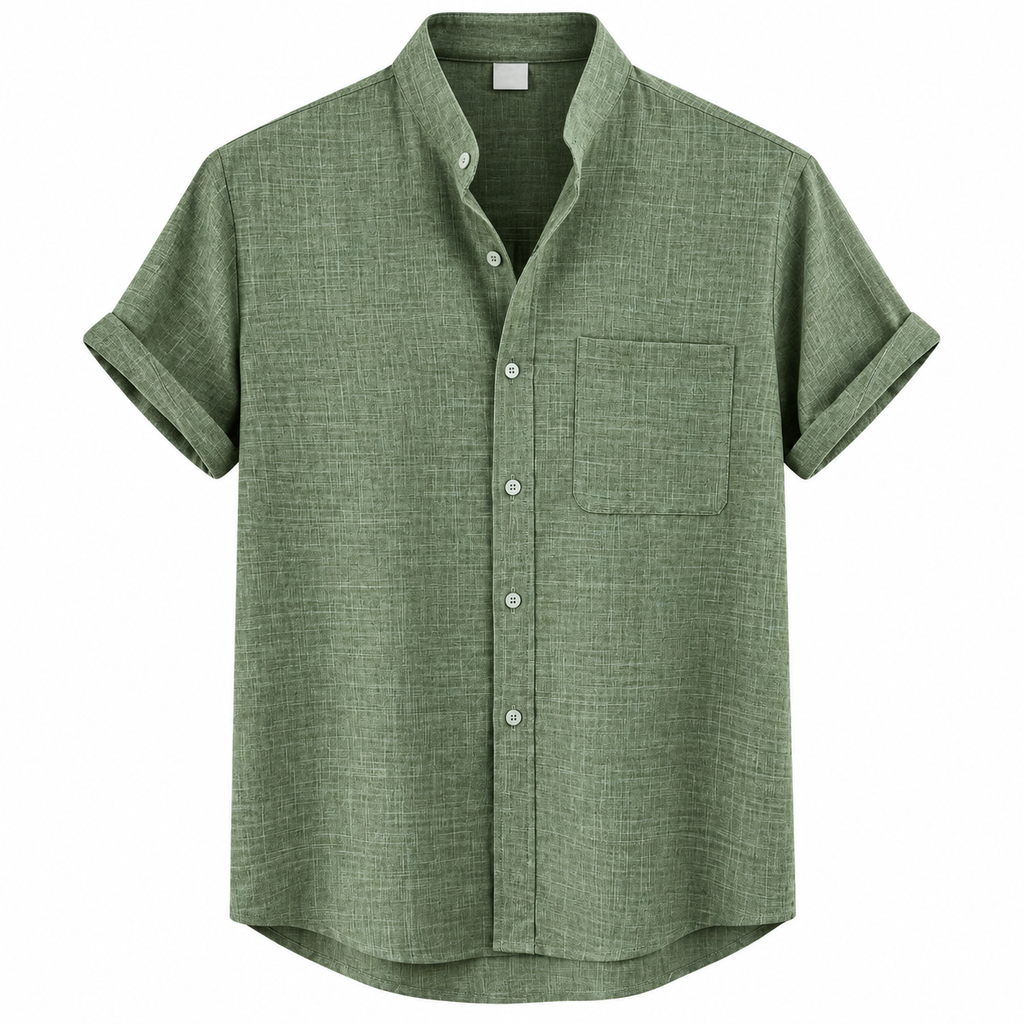 Men's Sage Green Chest Pocket Band Collar Shirt