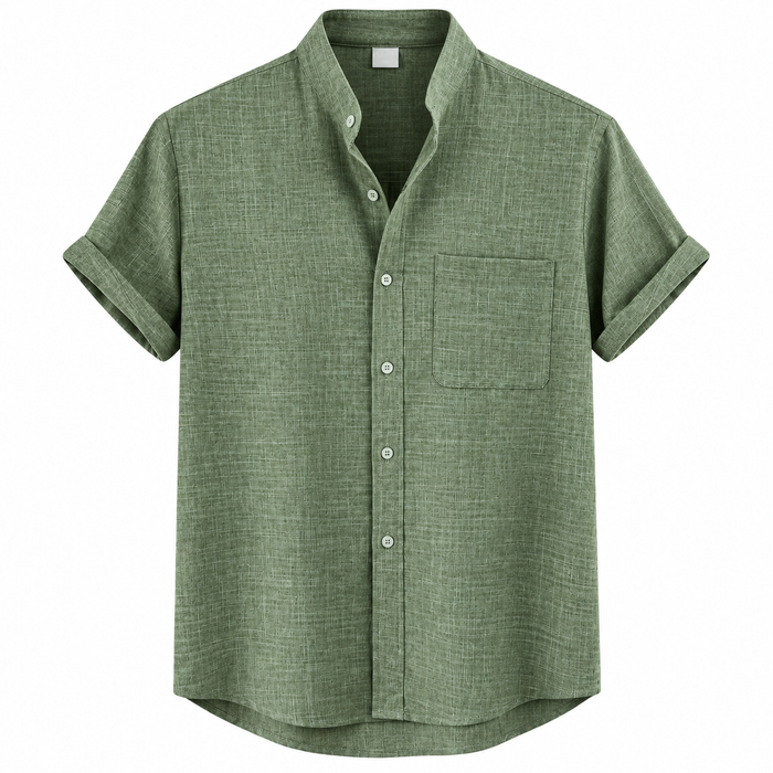 Men's Sage Green Chest Pocket Band Collar Shirt