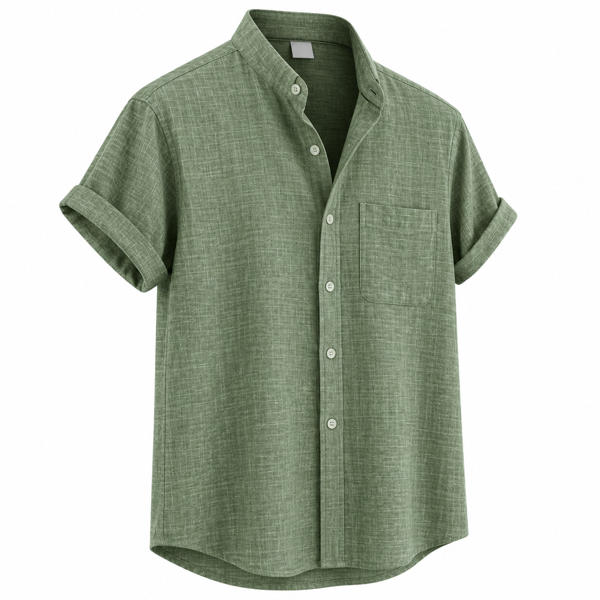 Men's Sage Green Chest Pocket Band Collar Shirt