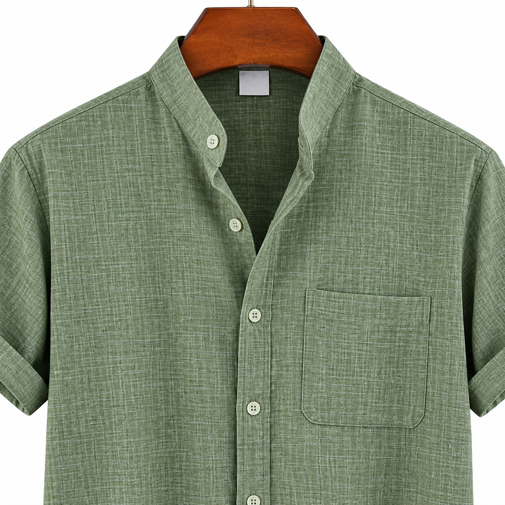 Men's Sage Green Chest Pocket Band Collar Shirt