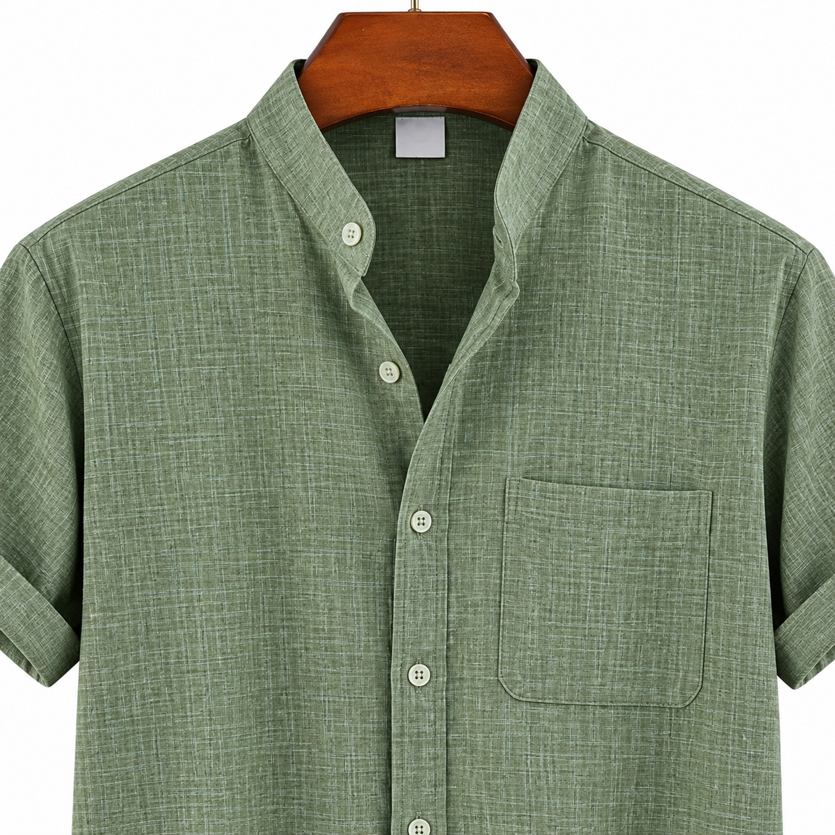Men's Sage Green Chest Pocket Band Collar Shirt